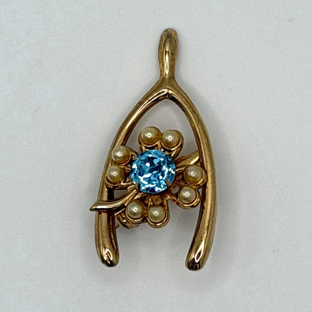 Vintage Wishbone Brooch | Gold‑Tone, 1950's-1960's, Faux Pearl & Blue Accents